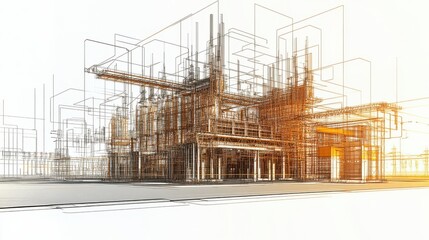 Abstract architectural design showcasing a complex industrial structure with intricate lines