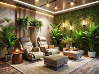 Luxurious Spa Relaxation Room: Massage Chairs & Lush Greenery