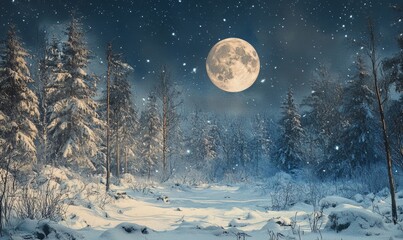 Naklejka premium Full Moon Night in Snowy Winter Forest - Watercolor Painting of Serene Nature Scene with Starry Sky and Snow-Covered Trees, 