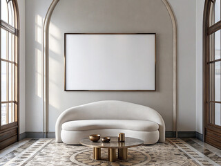 Frame mockup, ISO A paper size. Living room wall poster mockup. Interior mockup with house background. Modern interior design. 3D render