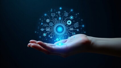 A dynamic digital hologram of a cogwheel and various technology icons floats above a woman's hand, illustrating advanced digital interaction and futuristic concepts