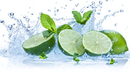 Lime, mint and water splash  , Cutted lime with leaves in water splashes isolated on white background,water drops on lemon and limes 