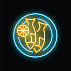 Neon sign showing two fish and a lemon slice on a plate, ideal for restaurant advertisement