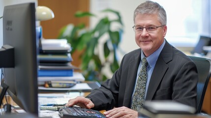 Fototapeta premium A businessman making a secure payment for office supplies using a credit card on an online shopping website