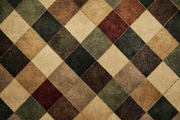 Fototapeta premium A warm argyle texture with overlapping diamonds in earthy tones of green, beige, brown, and red, featuring a woven and rustic fabric design for a cozy and classic appeal