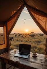 A safari-style tent in the African savanna with an open laptop on a rustic wooden desk overlooking vast plains, as elephants graze under a golden sunset, blending work and nature Generative AI
