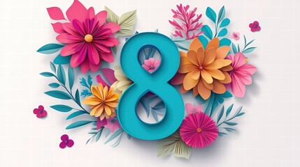 8 March, Happy Women's Day banner design with the number eight made of colorful paper-cut flowers on a white background. womanhood and femininity