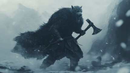 Obraz premium Norse berserker charging into battle frozen landscape digital artwork dramatic environment low angle heroic concept