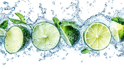 Lime, mint and water splash  , Cutted lime with leaves in water splashes isolated on white background,water drops on lemon and limes 