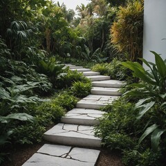 A minimalist white stone pathway surrounded by lush plants.