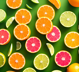 Obraz premium Fruit background. Colorful fresh fruits on white table. Orange, mandarin, lime, lemon, grapefruit. Flat lay, top view, copy space.generative ai