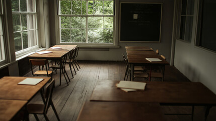 Empty classroom with wooden desks and large window.