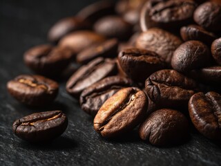 Naklejka premium Macro Close-up of Dark Roasted Coffee Beans on Black Background - Rich Texture and Detail
