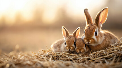 Obraz premium A mother rabbit feeding her babies in a soft nest of hay, Three adorable rabbits cuddling in a cozy hay nest, basking in warm sunlight, evoking feelings of comfort and tranquility.