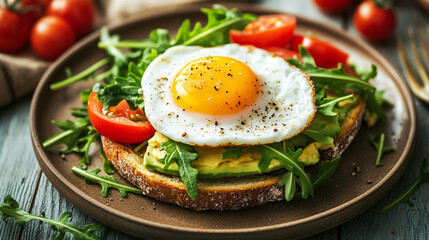 Delicious Avocado Toast with Fried Egg and Tomatoes Healthy Breakfast Recipe Food Meal Dish Easy    