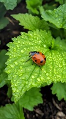 Fototapeta premium Macro Photography of Ladybug on Dew-Covered Leaf
