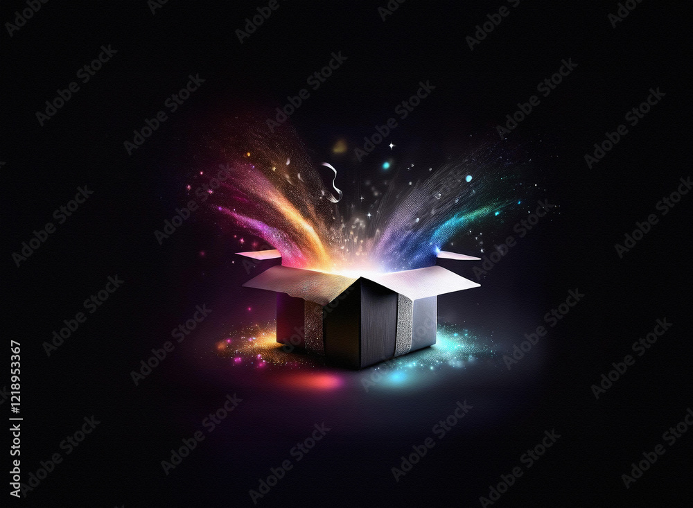 Poster a dark gray gift box bursts open, releasing a vibrant explosion of colorful light, music notes, and 