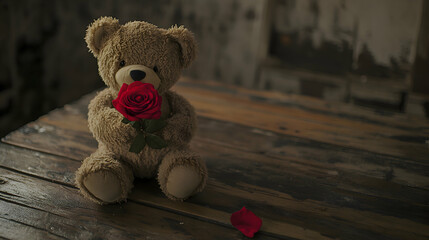 Obraz premium A teddy bear holding a single red rose, sitting on a rustic wooden table