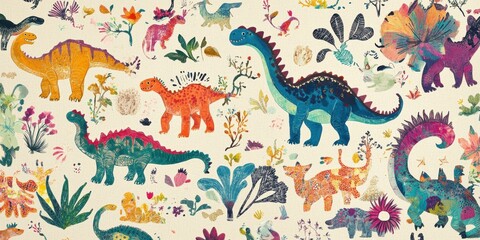 Colorful dinosaur illustration featuring various species and floral patterns