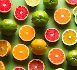 Fototapeta premium Fruit background. Colorful fresh fruits on white table. Orange, mandarin, lime, lemon, grapefruit. Flat lay, top view, copy space.generative ai