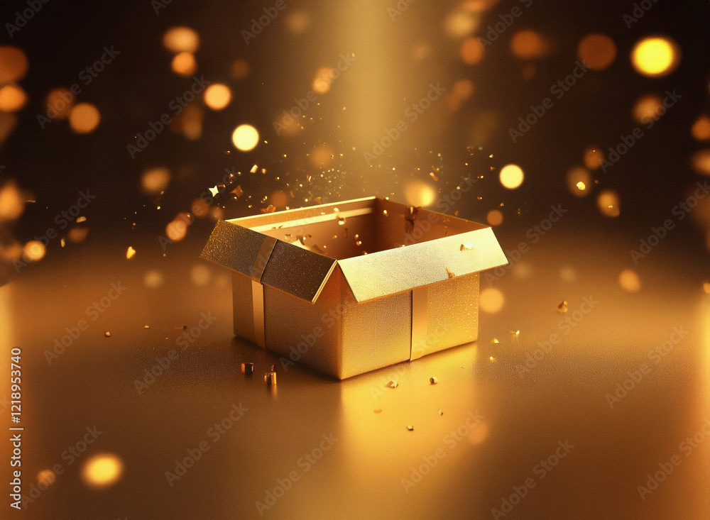 Poster an open golden cardboard box sits on a reflective surface, bathed in a spotlight. golden confetti sp