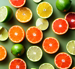 Obraz premium Fruit background. Colorful fresh fruits on white table. Orange, mandarin, lime, lemon, grapefruit. Flat lay, top view, copy space.generative ai