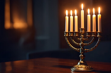 Fototapeta premium Hanukkah, Hanukkah golden Menorah candelabra with burning candles on a dark background. Selective focus, blurred background.