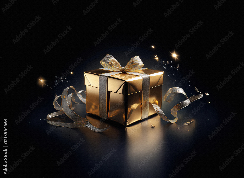 Poster a golden gift box with a white ribbon and sparkling particles on a dark background. magic and celebr