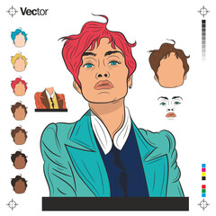 Mulher caucasiana de cabelos ruivos, olhos azuis e varias op&ccedil;&otilde;es de tons de pele e roupa