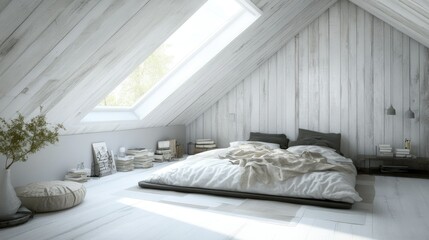 Minimalist attic bedroom with sloped ceilings and skylights