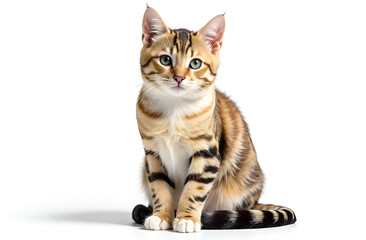 Cat with a yellow face is sitting on a white background. Selective focus.
