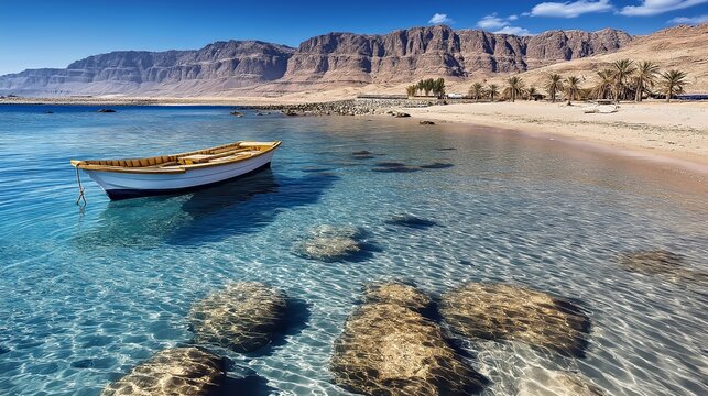 Small wooden boat floating on crystal clear water in a tropical bay during spring