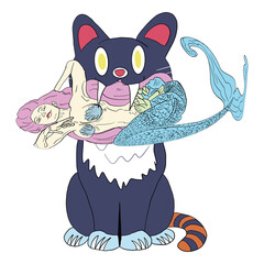 hand drawn and hand lettering animal and fruit and ghost