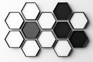 A creative arrangement of hexagonal shapes in black and white, creating a visually striking pattern that enhances modern interior designs.