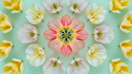 Centered Pink Tulip Surrounded by White and Yellow Tulips on Green Background