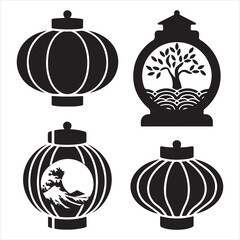 set of black variious vector lantern, islamic, ramadan, eid silhouettes