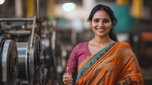 confident indian woman factory worker giving thumbs up