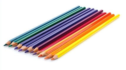 Fototapeta premium A set of colorful pencils arranged neatly on a white isolated background