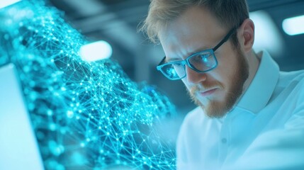 Data engineer analyzing cloud computing frameworks on a laptop, immersed in digital infrastructure within a contemporary workspace