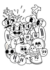 Retro Cartoon Fruit Coloring Page - Vector illustration 