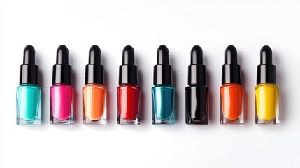 Obraz premium A set of high-quality nail polishes in various shades, arranged neatly on a white isolated background