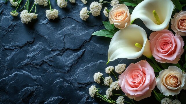 Elegant roses, lilies, slate background, sympathy card
