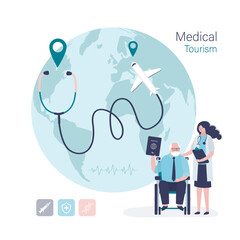 Medical tourism, concept. Stethoscope on worldwide with airplane. Elderly man holding passport. Aged tourist flying overseas for cheap medical treatment and operation service.