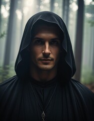 A wizard man in the forest with a black veil on his head
