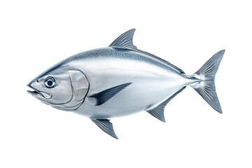 Obraz premium Closeup of a silver tuna fish with smooth scales, sharp fins and a sleek body isolated on white transparent background.