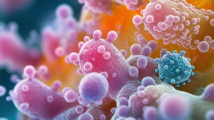 Microscopic View Of Multicolored Viruses And Cells