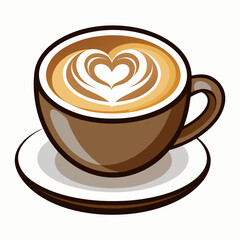 hot coffee cup latte with heart shaped latte art milk foam on white saucer illustration white background. Elegant Latte Art Coffee Cup with Heart Design - Perfect for Cafe and Beverage Branding.