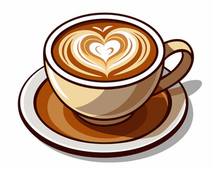 hot coffee cup latte with heart shaped latte art milk foam on white saucer illustration white background. Elegant Latte Art Coffee Cup with Heart Design - Perfect for Cafe and Beverage Branding.