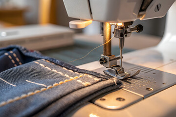 Close-up view of a sewing machine stitching fabric with golden thread, showcasing craftsmanship - obrazy, fototapety, plakaty