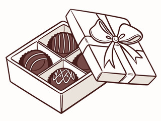 Delicious chocolate candies in gift box isolated on white background. Elegant Gift Box of Gourmet Chocolates with Decorative Ribbon - Perfect for Valentine's Day and Special Occasions.